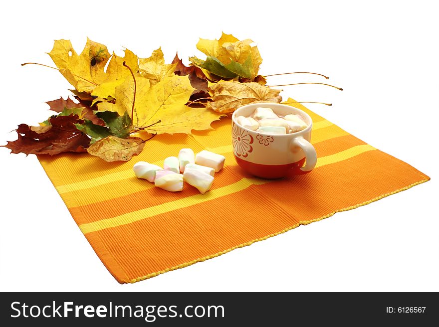 A cup of hot chocolate with marshmallows in yellow autumn setting