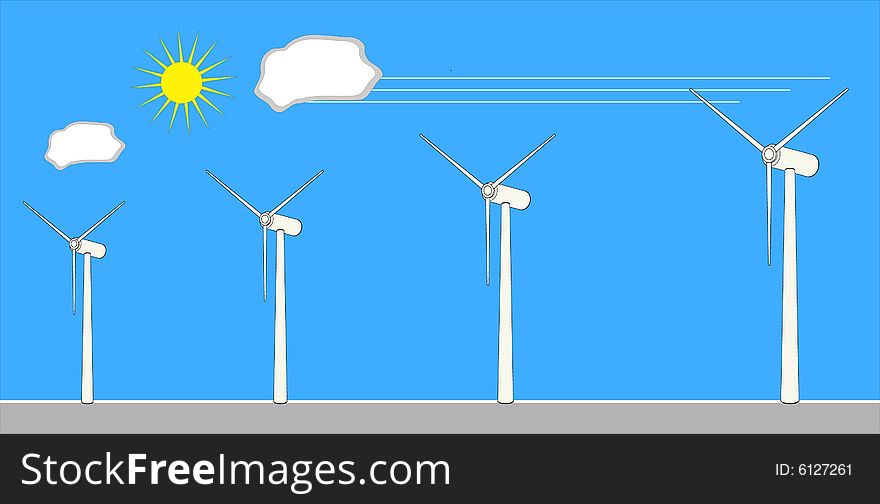 Wind generators with sun and clouds in blue sky. Wind generators with sun and clouds in blue sky
