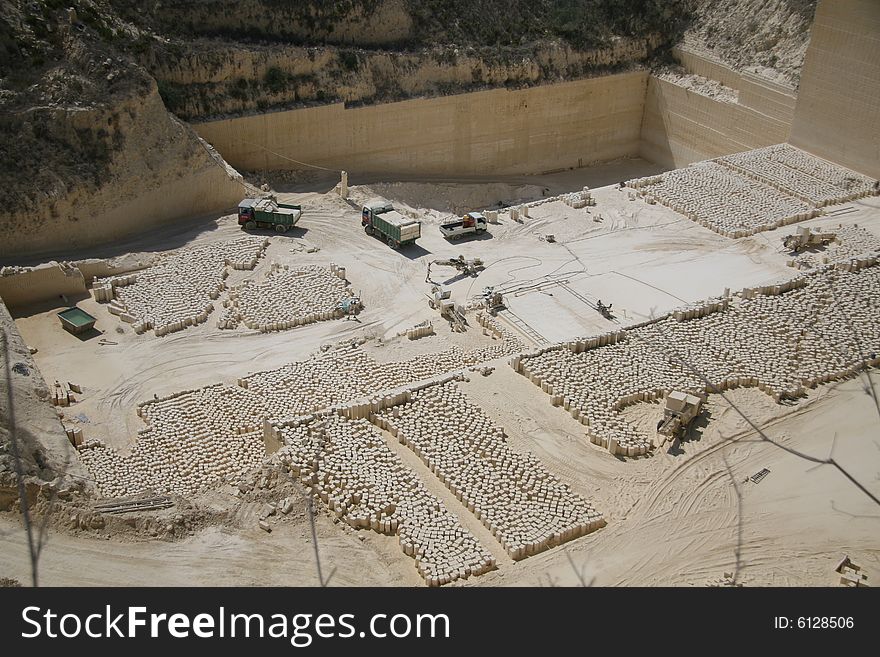 Sandstone quarry on Malta. Stones are cuted to small blocks for shipment