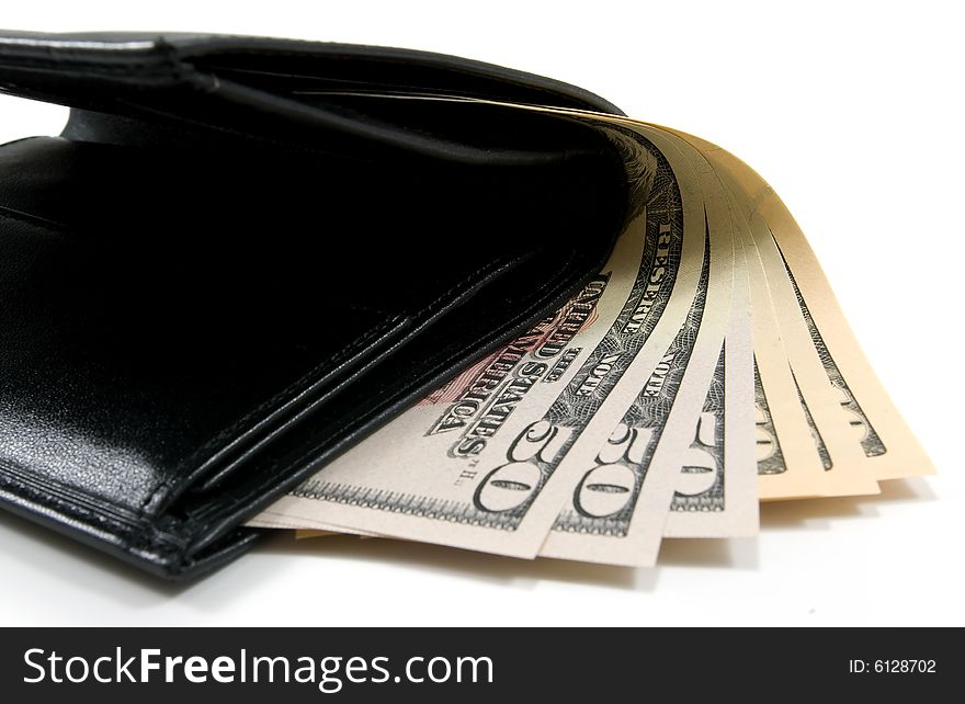 Black leather wallet with american dollars
