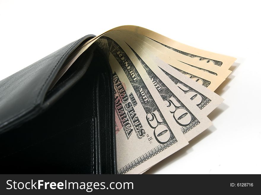 Black leather wallet with american dollars