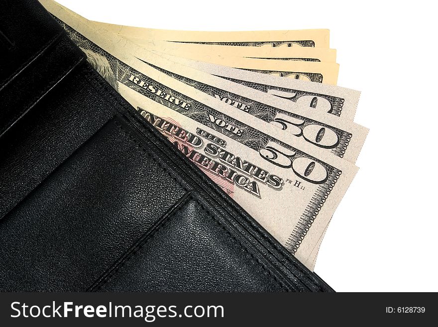 Black leather wallet with american dollars