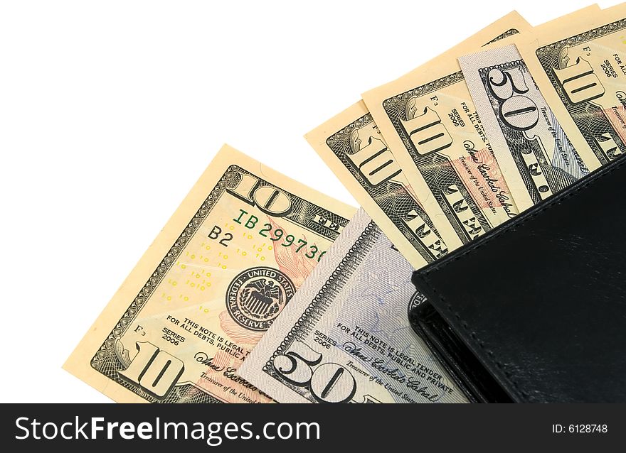 Black leather wallet with american dollars isolated on white