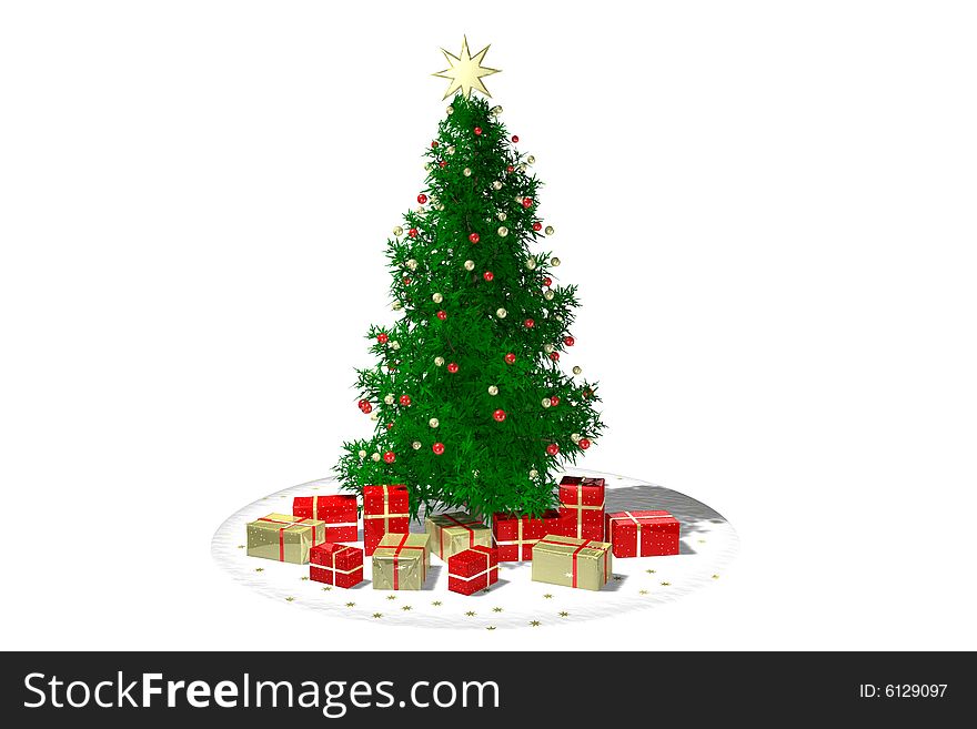 Christmas tree and gifts against white background