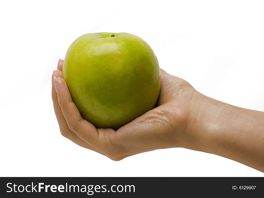Apple on the hand, white background