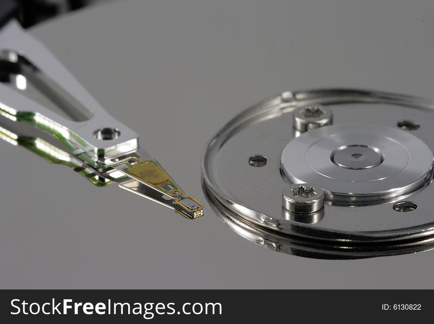 A internal view of a hard disk drive and a read head. A internal view of a hard disk drive and a read head