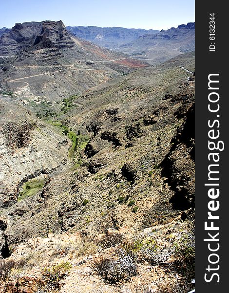 Palm trees nestling in rocky canarian valley. Palm trees nestling in rocky canarian valley