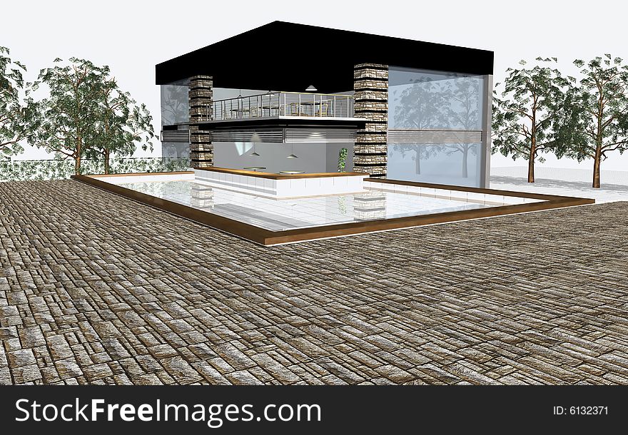 3D render of modern house, exterior, isolated over white