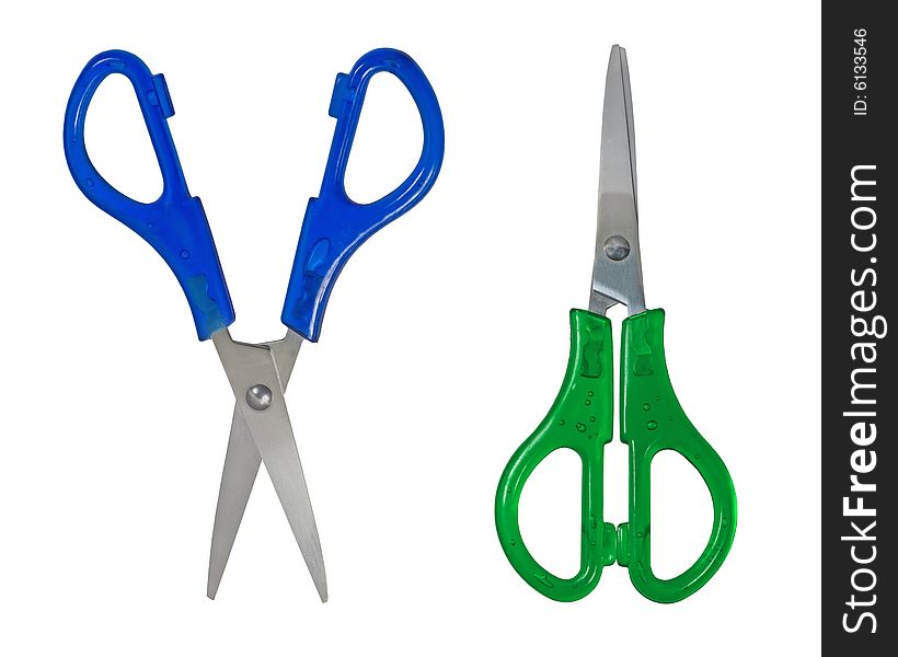 Two children's scissors isolated on a white background. Two children's scissors isolated on a white background