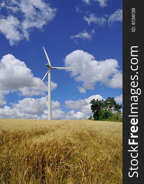 Wind turbine, the new alternative energy, in barley field