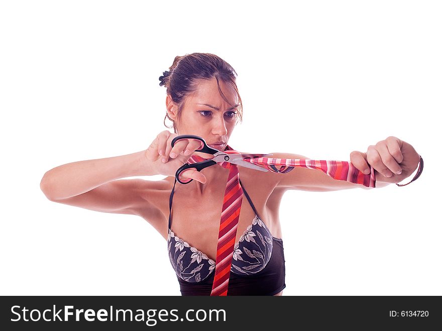 Frown woman is cutting necktie with scissors