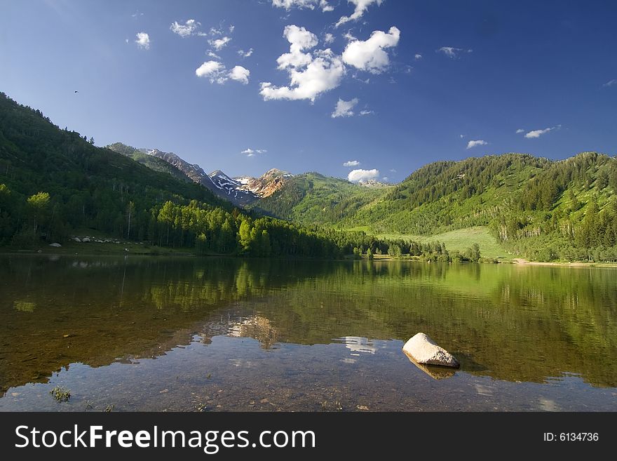 High mountain lake in the summer with mountain reflections