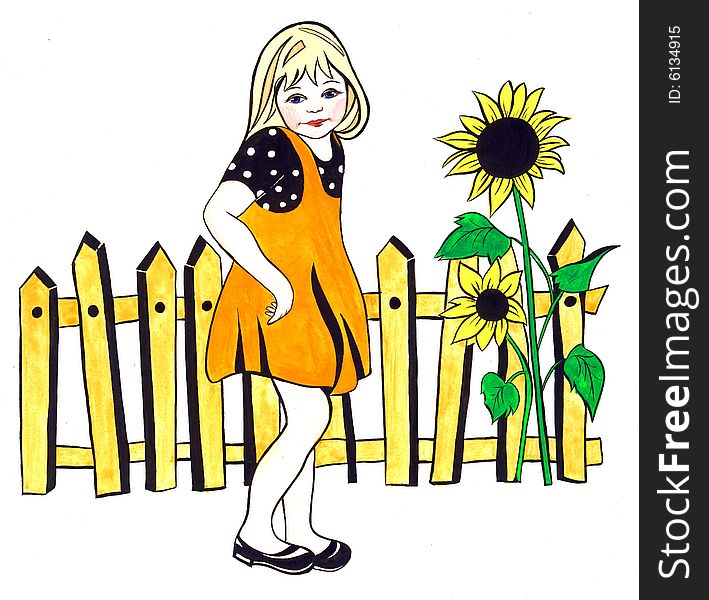 The girl near to a fence near which sunflowers grow. Isolation on white background. Illustration.