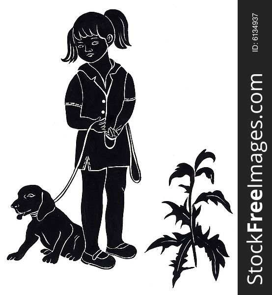 Black silhouettes of the girl with a dog on a white background