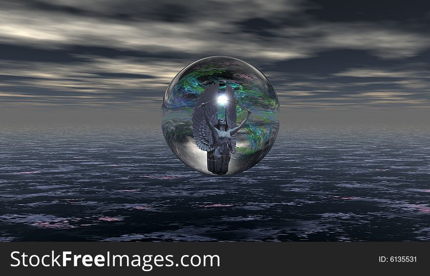 Dark abstract statue woman in sphere on water