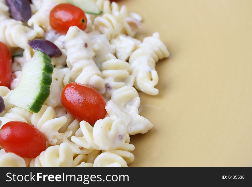 Cold Pasta Salad with tomatoes, cucumbers and olives. Cold Pasta Salad with tomatoes, cucumbers and olives