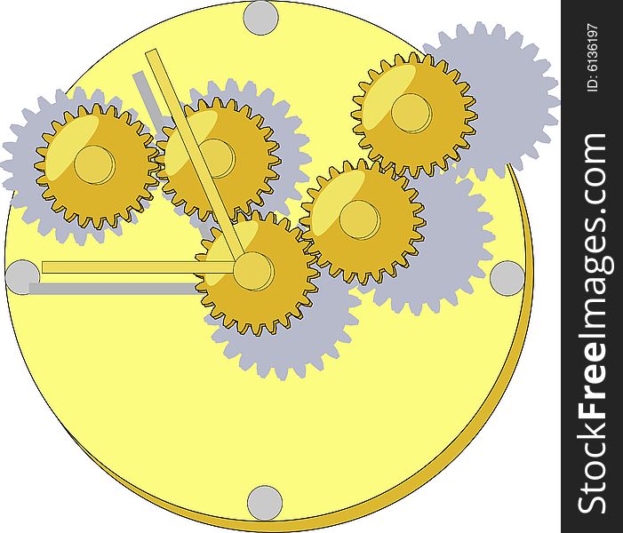 Gears in clockwork with hour and minute hand. Gears in clockwork with hour and minute hand