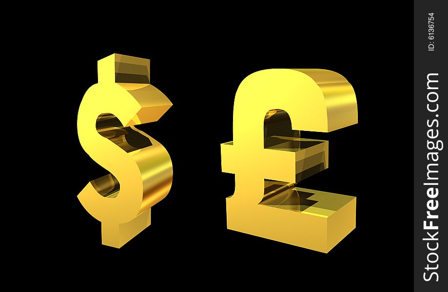 3d golden pound and dollar symbol in black  background