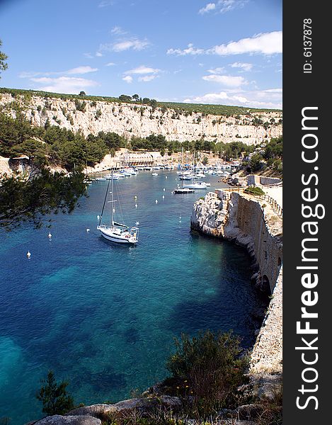 Bay with harbour for sailingships in France called calanque de cassis. Bay with harbour for sailingships in France called calanque de cassis