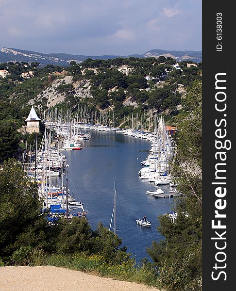 Bay with harbour for sailingships in France called calanque de cassis. Bay with harbour for sailingships in France called calanque de cassis