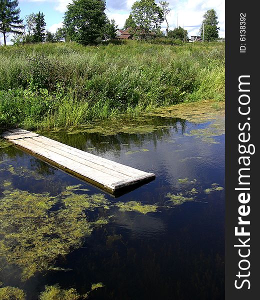 Smal bridge in a pound with grass. Smal bridge in a pound with grass