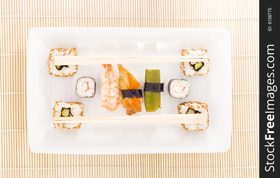 A plate with different kinds of sushi