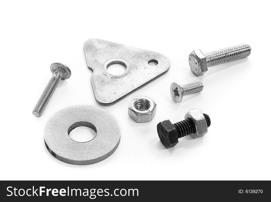 Screw and mat  photo on the white background. Screw and mat  photo on the white background