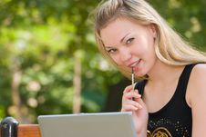 Happy Young Woman With Laptop Stock Photos Happy Young Woman With Laptop Stock Photos