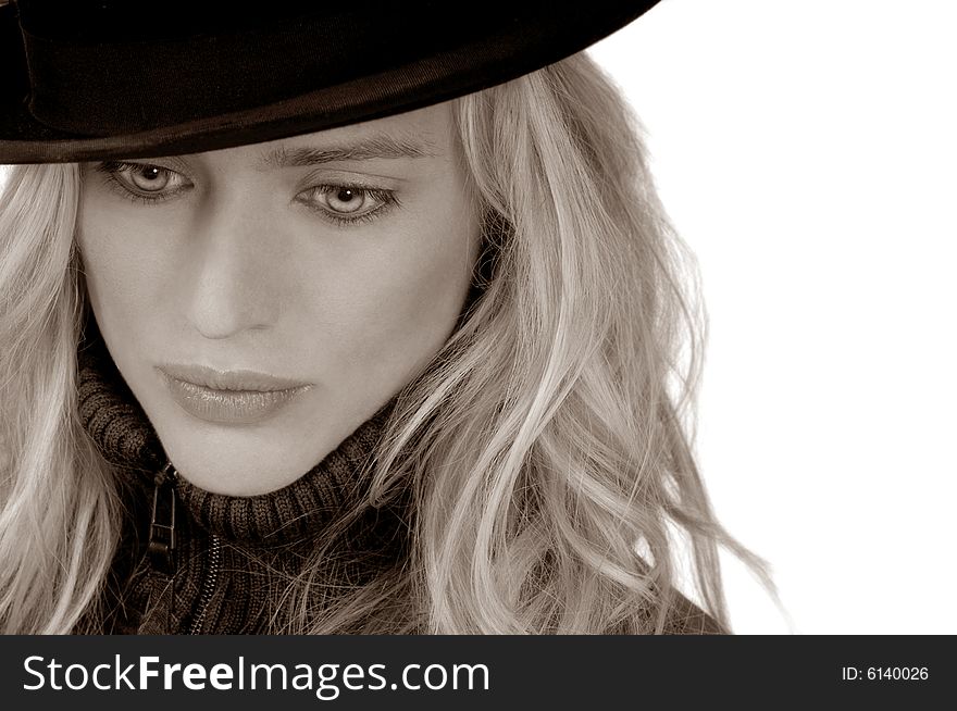 Beautiful Blond Model with bowler hat on white. Beautiful Blond Model with bowler hat on white