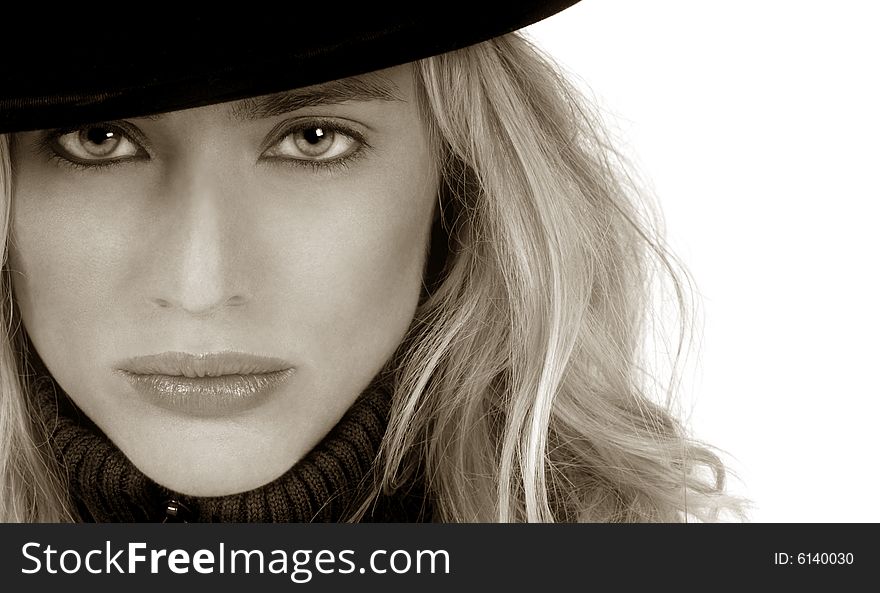 Beautiful Blond woman with bowler hat on white. Beautiful Blond woman with bowler hat on white