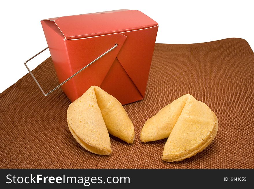 Fortune cookies and Chinese food box with white background. Fortune cookies and Chinese food box with white background