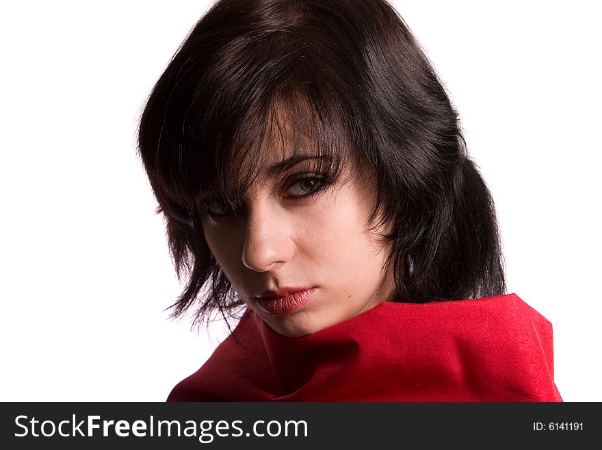 Young female in red over isolated white background