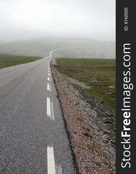 Asphalt auto road in summer fog landscape.