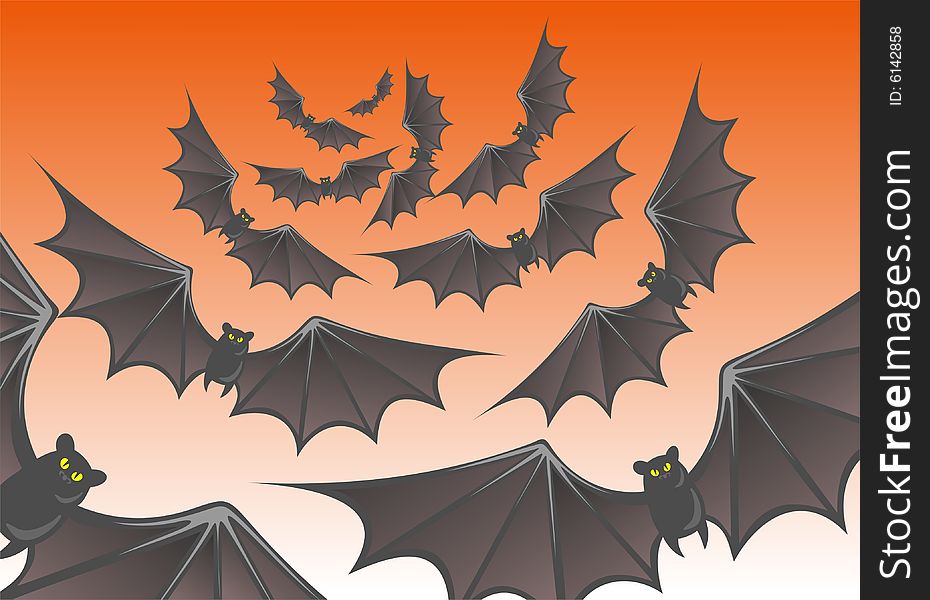 Flying bats on a orange background. Halloween illustration. Flying bats on a orange background. Halloween illustration.