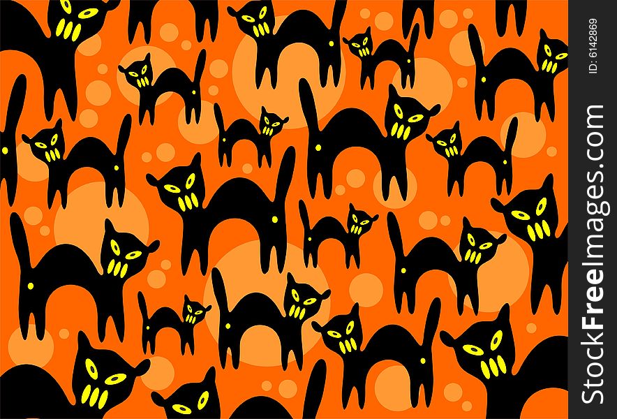Cartoon black cats on an orange background. Halloween illustration. Cartoon black cats on an orange background. Halloween illustration.