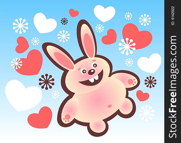 Cartoon happy rabbit and hearts on a blue background.