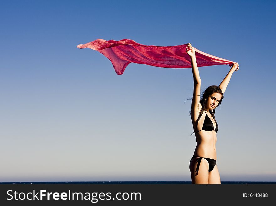 Beautiful bikini dressed woman feeling the freedom of the wind. Beautiful bikini dressed woman feeling the freedom of the wind