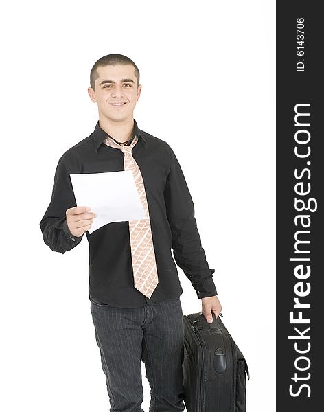 Office man holding a clean paper and a bag. Office man holding a clean paper and a bag