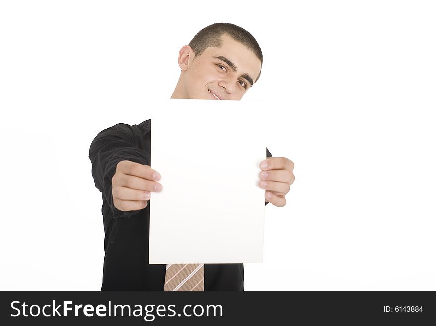 Young man holding white paper. Young man holding white paper