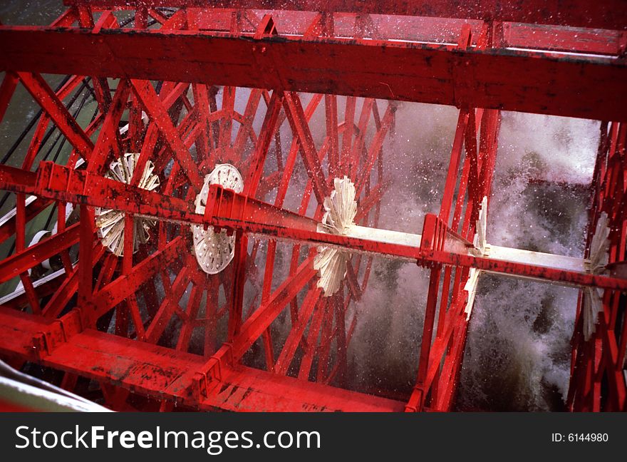 The paddlewheel of a Mississippi Steamboat
