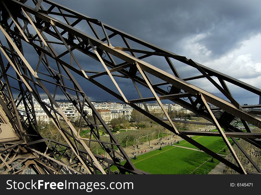 Close-up of the metal girders of the Eiffel tower. Close-up of the metal girders of the Eiffel tower.