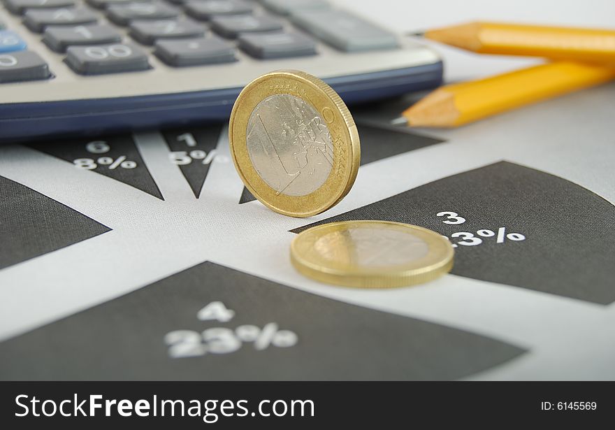 Economic graph with culculator, two yellow pencils and coins. Economic graph with culculator, two yellow pencils and coins