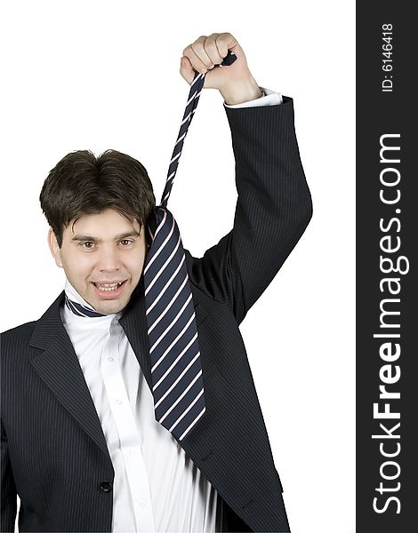 Businessman screaming and pulling his tie. Businessman screaming and pulling his tie