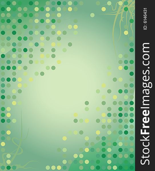 Abstract green background with dots and swirly lines. Abstract green background with dots and swirly lines