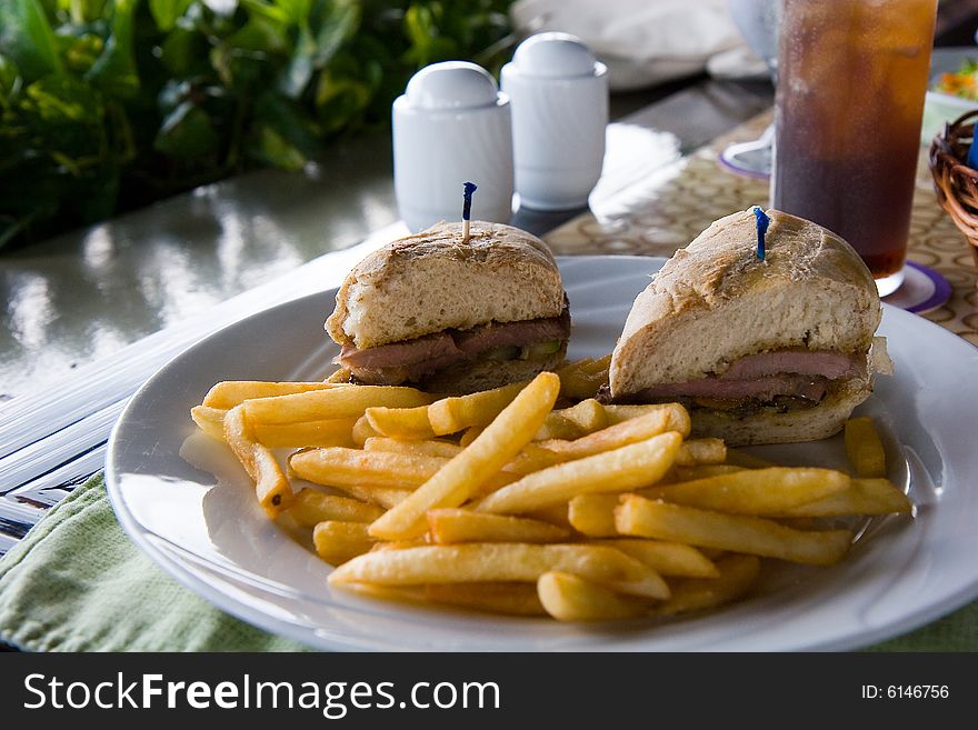 A pork sandwich and french fries on a white plate