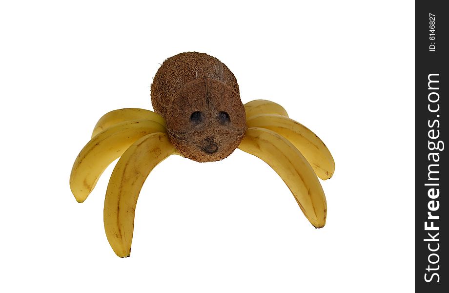 Spider made of bananas and coconuts isolated on white backround