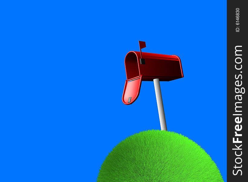 Mailbox on sphere of grass on blue background