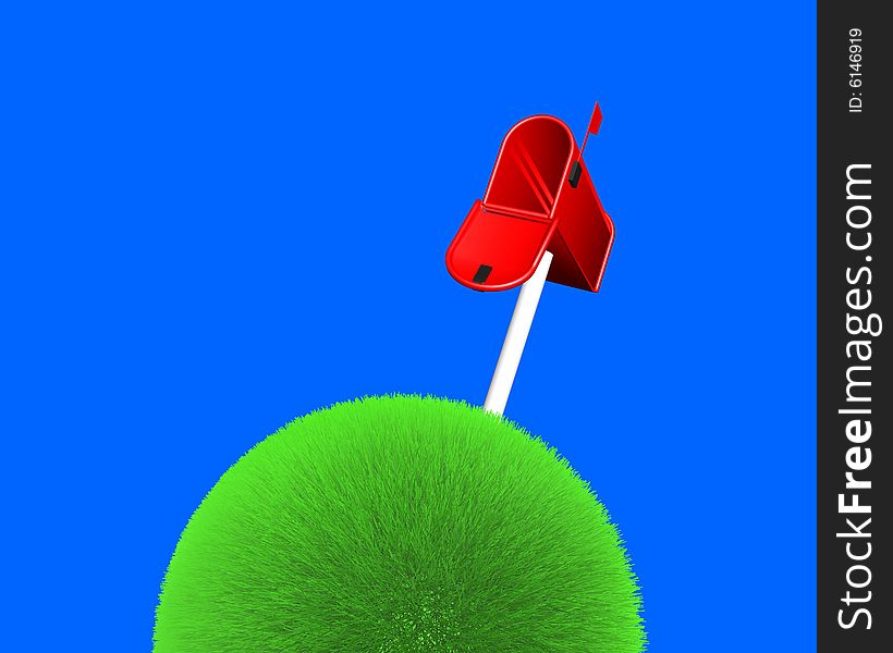 Mailbox on sphere of grass on blue background