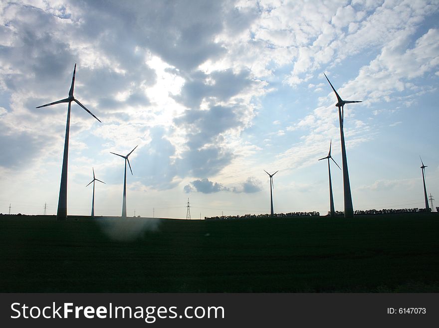 Sunset and the windfarm in the europe (austria)