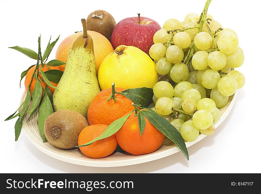 Colorful fruits in basket isolated on white background